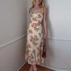 Elegant Ruffle Hem Floral Chiffon Midi Dress Neck Strap Tie Slip Dress Mssaz Desses