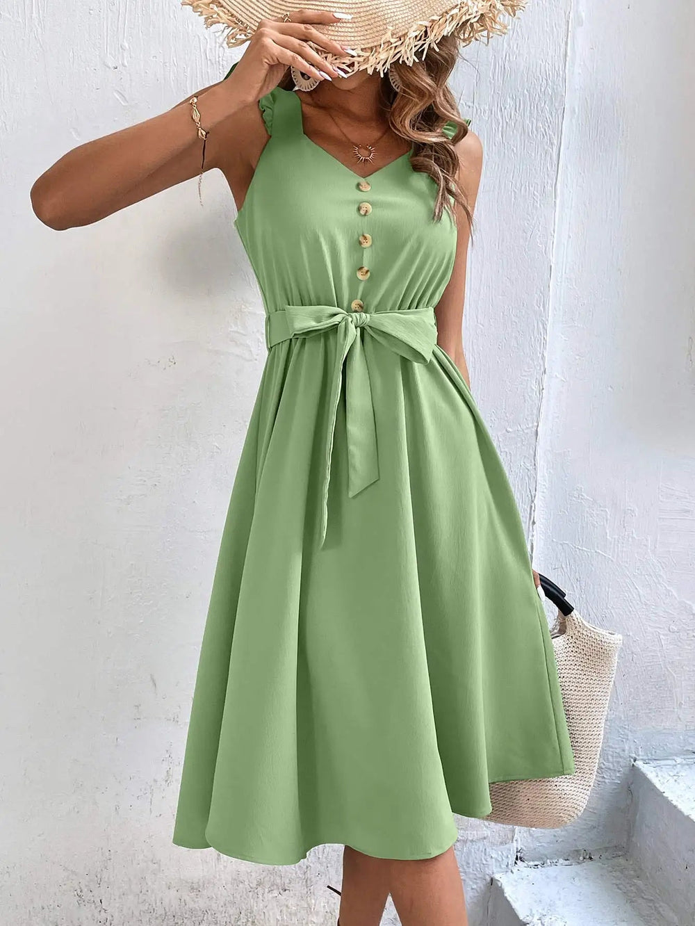 On Sale Clearance Sleeveless V-Neck Button Solid Sun Casual Sweet Holiday Party Beach Midi Dress Mssaz Desses