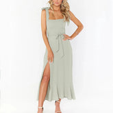 Solid Color Square Collar Bandage High Split Ruffles Hem Formal Commute Dress Mssaz Desses
