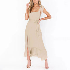 Solid Color Square Collar Bandage High Split Ruffles Hem Formal Commute Dress Mssaz Desses