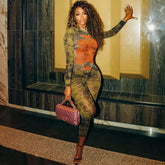 Tie-Dye Printed Mesh O-Neck Full Sleeve Back Zipper Skinny Jumpsuit Rompers Mssza