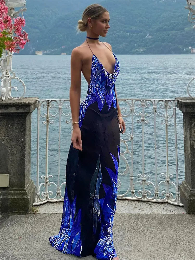 Contrast Sheer See-Through Slim Holiday Beach Party Halter Casual Dress Mssaz Desses