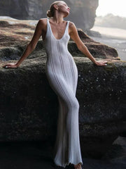 Backless Wrap Hip Knit Cover Up Dresses Hollow See Through Sleeveless Solid Elegant Maxi Beach New Casual Dress Mssaz Desses
