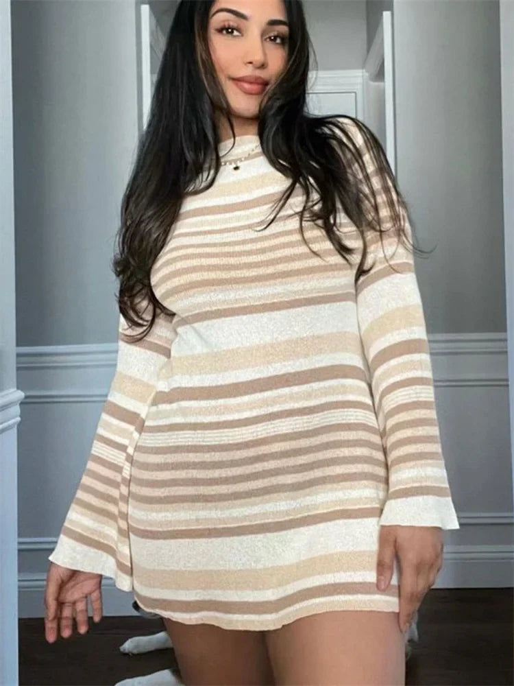 Striped Knitwear Lace-Up Long Sleeve Holiday Beach Slim Ladies Casual Dress Mssaz Desses