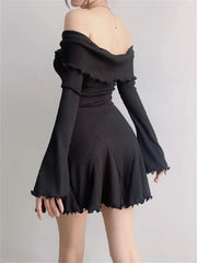Black Knit Off-Shoulder Loose Slim Ribbed Dress Knitwear Clothes Female Casual Dress Mssaz Desses