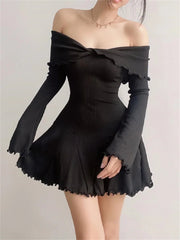 Black Knit Off-Shoulder Loose Slim Ribbed Dress Knitwear Clothes Female Casual Dress Mssaz Desses