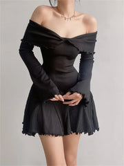 Black Knit Off-Shoulder Loose Slim Ribbed Dress Knitwear Clothes Female Casual Dress Mssaz Desses