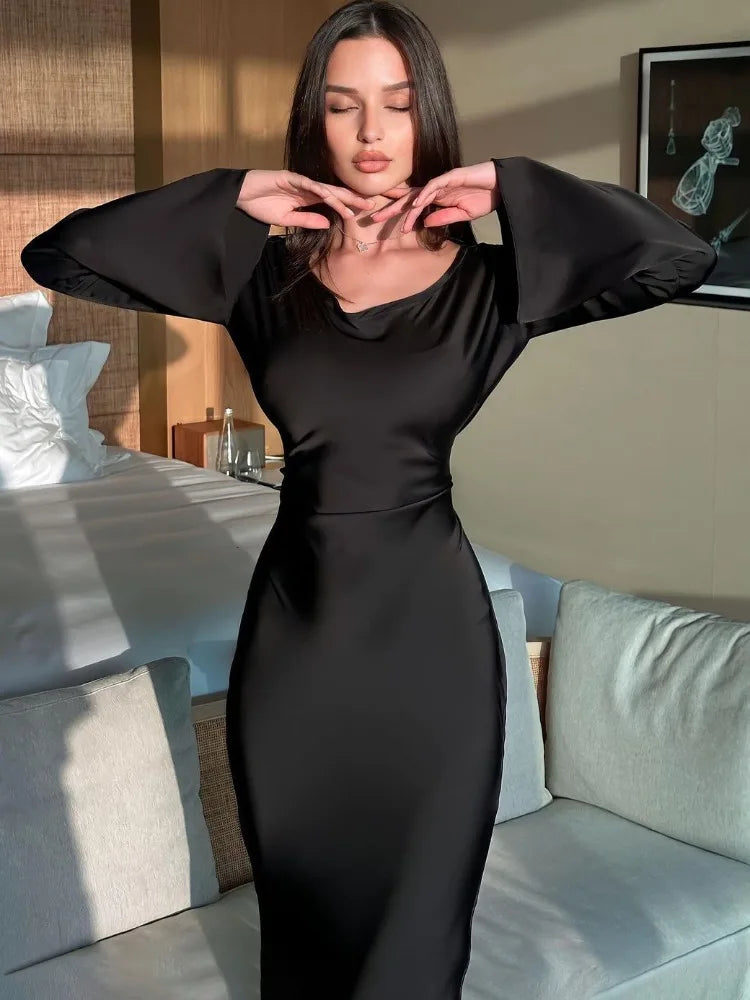 Black Satin Bandage Slin High Waist Patchwork Long Sleeve Ladies Gown New Casual Dress Mssaz Desses