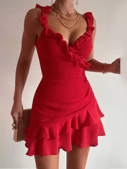 Ruffled Strapless V-neck Stitching Solid Color High Waist Party Slin Casual Dress Mssaz Desses
