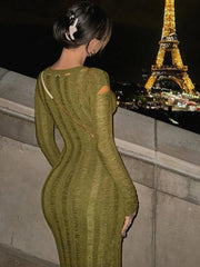 Hollow Out Knit Broken Long Dress Female See-Through Sleeve Slim High Waist Solid Knitwear Casual Dress Mssaz Desses