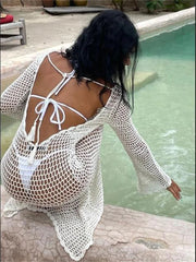 Hollow Out Knit See-Through Long Sleeve Backless Beach Holiday Clothes New Casual Dress Mssaz Desses