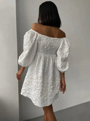 Jacquard V-neck Dress Bubble Sleeve Niche Design Solid Color Ladies Short Casual Dress Mssaz Desses