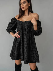 Jacquard V-neck Dress Bubble Sleeve Niche Design Solid Color Ladies Short Casual Dress Mssaz Desses