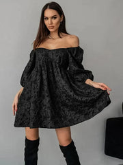 Jacquard V-neck Dress Bubble Sleeve Niche Design Solid Color Ladies Short Casual Dress Mssaz Desses