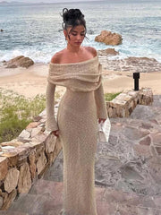 Hollow Out Off-Shoulder Female Cover Up Loose Long Sleeve Beach Party New Casual Dress Mssaz Desses