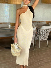 Knit One-Shoulder Female Holiday Party Backless High Waist Lace-Up Sleeveless Casual Dress Mssaz Desses