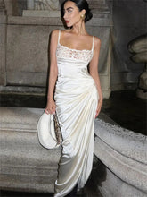 Lace Printed Spaghetti Long Dress For Backless High Waist Elegant Split Satin Pleated Halter Casual Dress Mssaz Desses