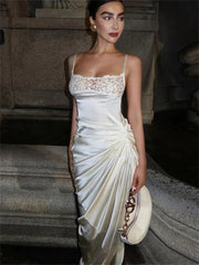 Lace Printed Spaghetti Long Dress For Backless High Waist Elegant Split Satin Pleated Halter Casual Dress Mssaz Desses