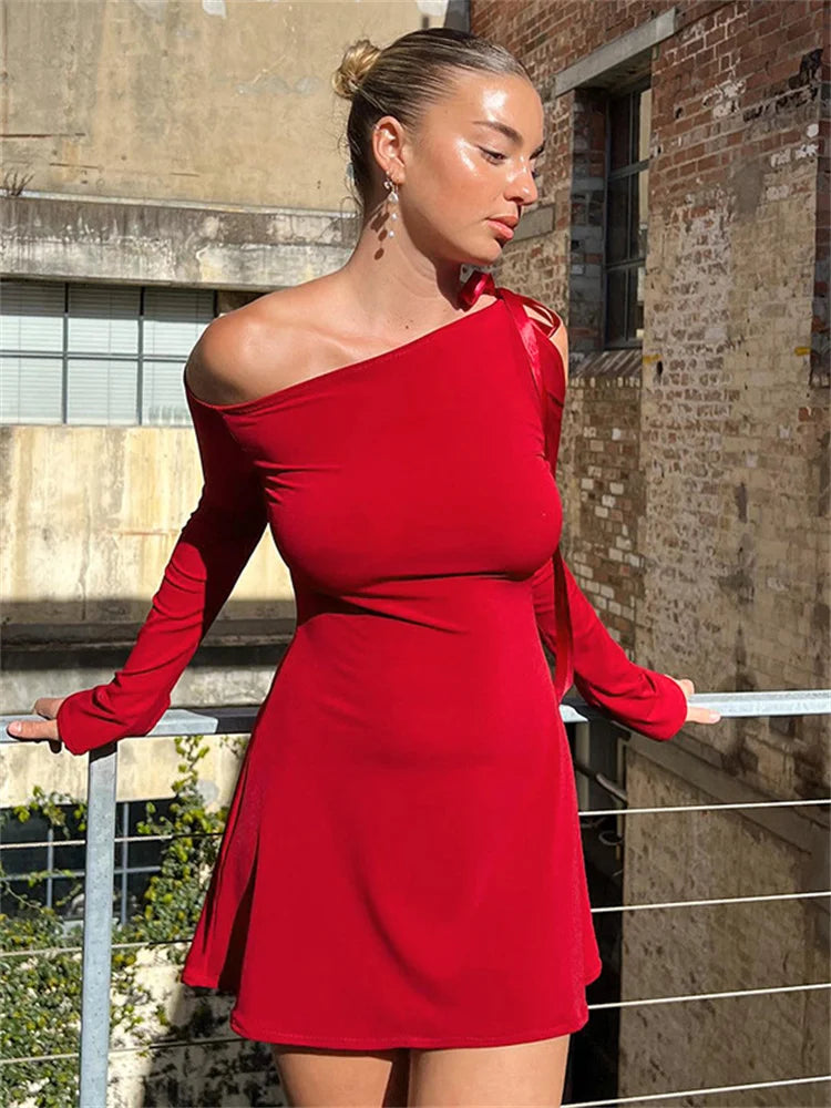 Off-Shoulder Ruffled Bandage Mini For Long Sleeve Patchwork Lace-Up Solid Casual Dress Mssaz Desses