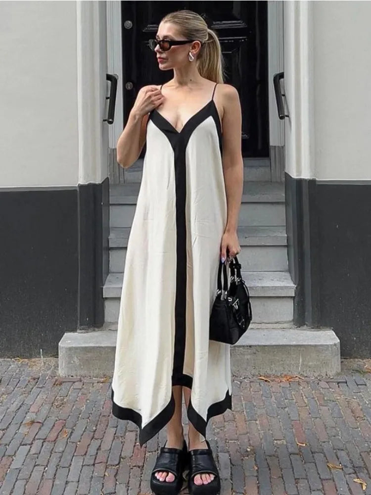 Patchwork Backless Halter V-Neck Elegant Gown Ladies Slim Casual Dress Mssaz Desses