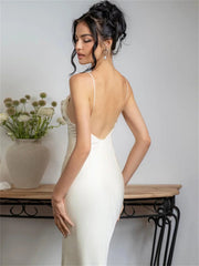 Spaghetti Long Dress Backless Pleated Solid High Waist Elegant Party Halter New Casual Dress Mssaz Desses