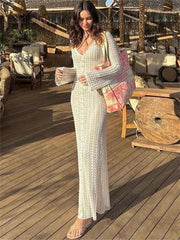 Hollow Out V-Neck Beach Holiday See-Through High Waist Long Casual Dress Mssaz Desses
