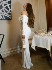 Pleated Slim Maxi Elegant For Patchwork Off-Shoulder Ladies Solid Party Casual Dress Mssaz Desses