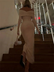 Pleated Slim Maxi Elegant For Patchwork Off-Shoulder Ladies Solid Party Casual Dress Mssaz Desses