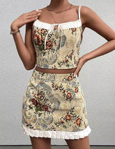 Trendy Adjustable Straps Backless Tie Up Crop Top And Zipper Short Skirt 2 Pieces Set Mssza