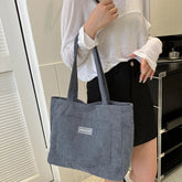 Trendy Corduroy Solid Color With Front Pocket Large Capacity Tote Shoulder Bag Mssza