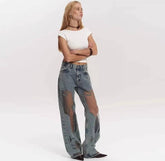 Trendy Distressed Ripped High Waist Straight Leg Gothic Baggy Jeans Streetwear Mssza