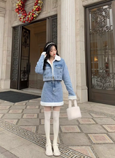 Trendy Lamb Wool Spliced Denim Short Sweet Cool Half Skirt Two Piece Set Mssza