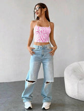 Trendy Zebra Stripe Print Back Lace Short Suspended Slight Stretch Tank Top Mssza