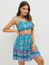 Tribal Flower Print Tie Strap Tiered Skirt Two Pieces Suit Mssza