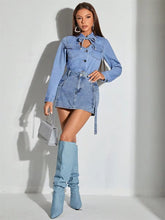 Casual Turn-down Collar Tie Front Denim Retro Long Sleeve Button Up Jean Shirt Top Mssza
