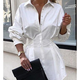 Turn down collar white shirt dress Long sleeve high waist plunge dress Elegant button design dresses vestidos autumn Mssaz Desses