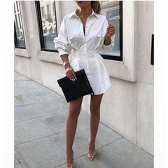 Turn down collar white shirt dress Long sleeve high waist plunge dress Elegant button design dresses vestidos autumn Mssaz Desses
