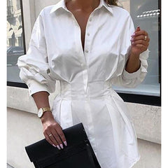 Turn down collar white shirt dress Long sleeve high waist plunge dress Elegant button design dresses vestidos autumn Mssaz Desses