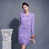 Solid Two Piece Set V Neck Long Sleeve Top High Waist Skirts Spliced Appliques Sets Mssza