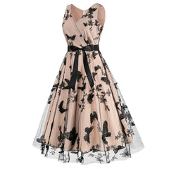 V Neck Belt Sleeveless A-Line Vintage Butterfly Embroidery Mesh Patchwork Party Dress For Woman Summer Mssaz Desses