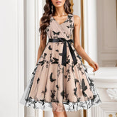 V Neck Belt Sleeveless A-Line Vintage Butterfly Embroidery Mesh Patchwork Party Dress For Woman Summer Mssaz Desses