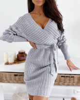 V-Neck Surplice Wrap Ribbed Batwing Sleeve Sweater Bodycon Dress Mssaz Desses