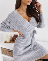 V-Neck Surplice Wrap Ribbed Batwing Sleeve Sweater Bodycon Dress Mssaz Desses