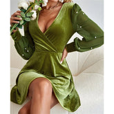Velvet Mesh Puff Sleeves Deep V Neck A-line Skirt Mssaz Desses