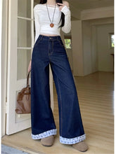 Vintage Casual Plaid Patchwork Denim Street Retro High Waist Sweet Bow Print Pants Mssza