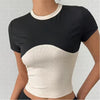 Vintage Colour Block Short Sleeve Gothic Street Round Neck Drawstring Top Mssza