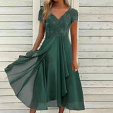 Vintage Chiffon V Neck Splicing Lace Hollow Pleated Large Swing Dress Mssaz Desses