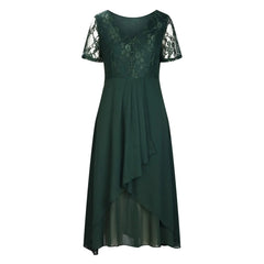 Vintage Chiffon V Neck Splicing Lace Hollow Pleated Large Swing Dress Mssaz Desses