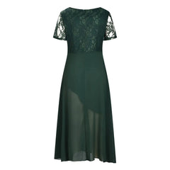 Vintage Chiffon V Neck Splicing Lace Hollow Pleated Large Swing Dress Mssaz Desses