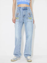 Vintage Embroidered Straight Pockets Denim Baggy High Waisted Jeans Mssza